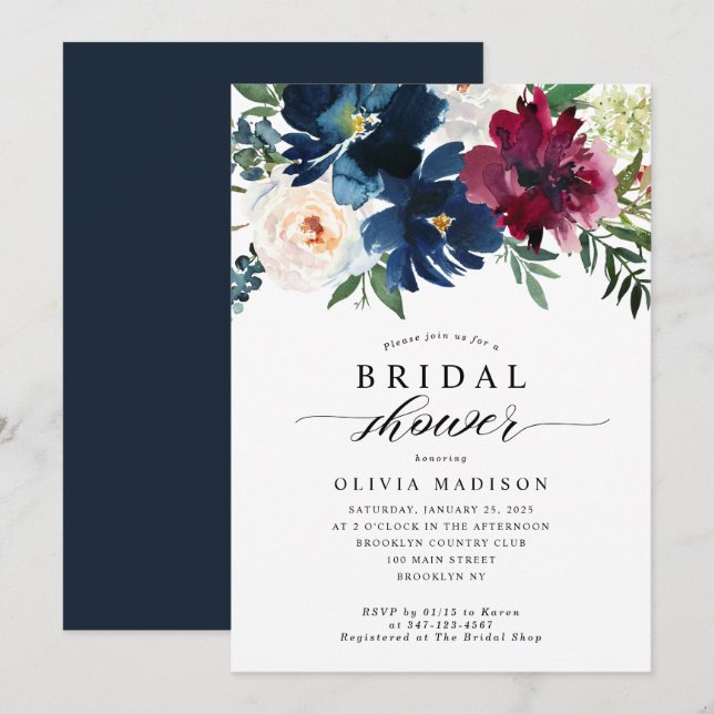 Modern Navy Blue Burgundy Floral Bridal Shower Invitation (Front/Back)