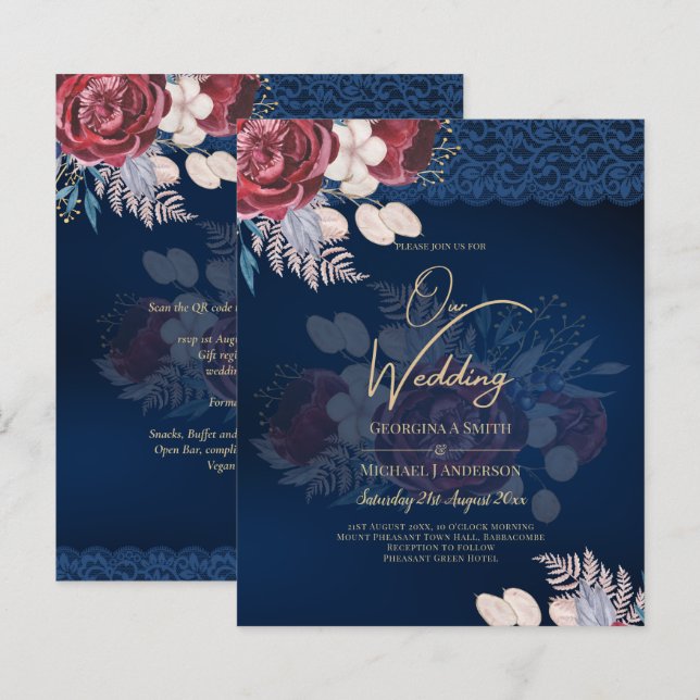Modern Navy Blue Burgundy Floral Lace Wedding (Front/Back)