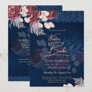 Modern Navy Blue Burgundy Floral Lace Wedding Invitation