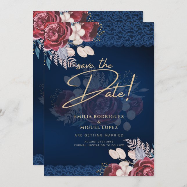Modern Navy Blue Burgundy Floral Lace Wedding Invitation (Front/Back)