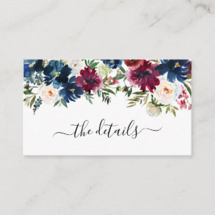 Modern Navy Blue Burgundy Floral Wedding Details Enclosure Card
