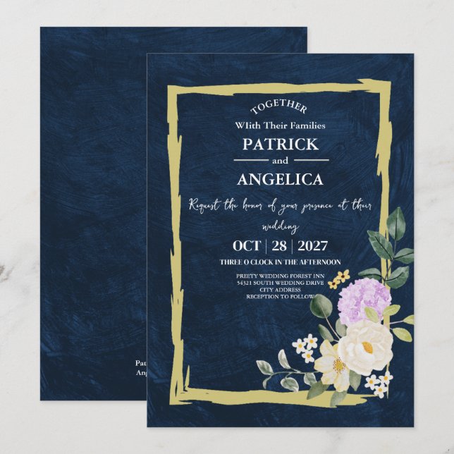 Modern Navy Blue Burgundy Gold Blush Pink Wedding Invitation (Front/Back)