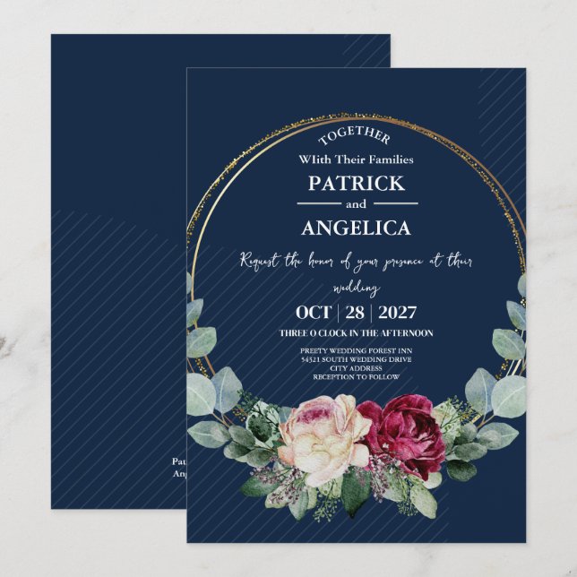 Modern Navy Blue Burgundy Gold Blush Pink Wedding Invitation (Front/Back)