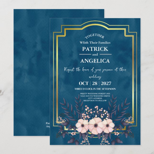 Modern Navy Blue Burgundy Gold Blush Pink Wedding Invitation (Front/Back)