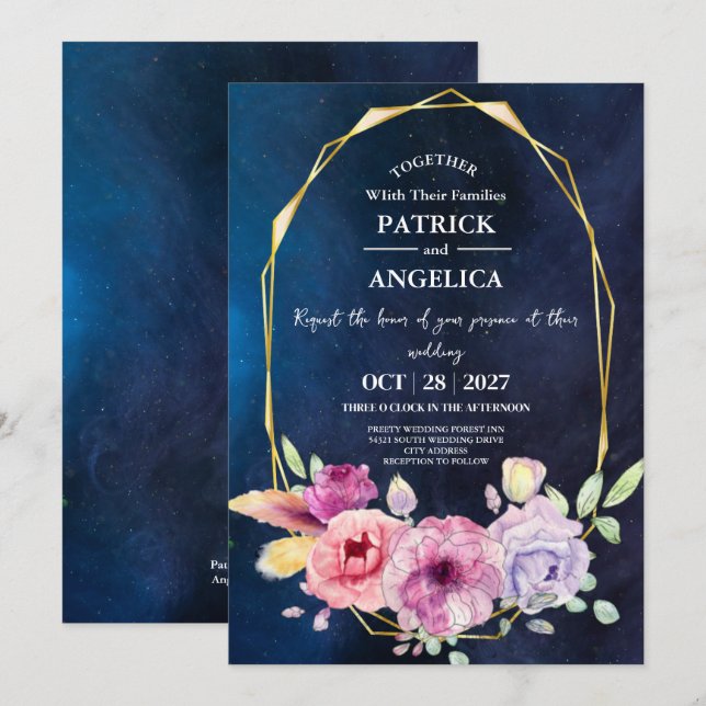 Modern Navy Blue Burgundy Gold Blush Pink Wedding Invitation (Front/Back)