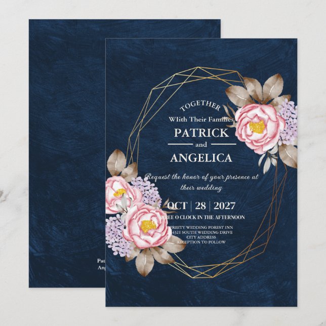Modern Navy Blue Burgundy Gold Blush Pink Wedding Invitation (Front/Back)