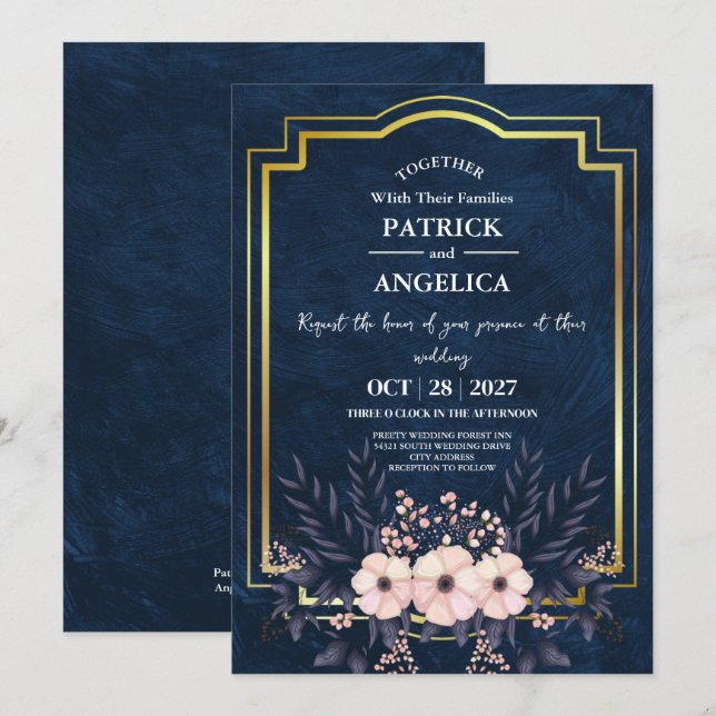 Modern Navy Blue Burgundy Gold Blush Pink Wedding Invitation (Front/Back)