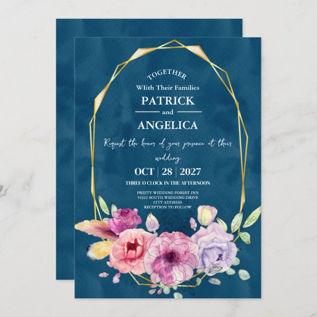 Modern Navy Blue Burgundy Gold Blush Pink Wedding Invitation (Front/Back)