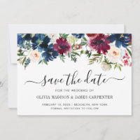 Modern Navy Blue Burgundy Red Peony Floral Wedding