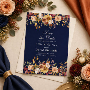 Modern Navy Blue Burnt Orange Wildflowers Wedding Save The Date