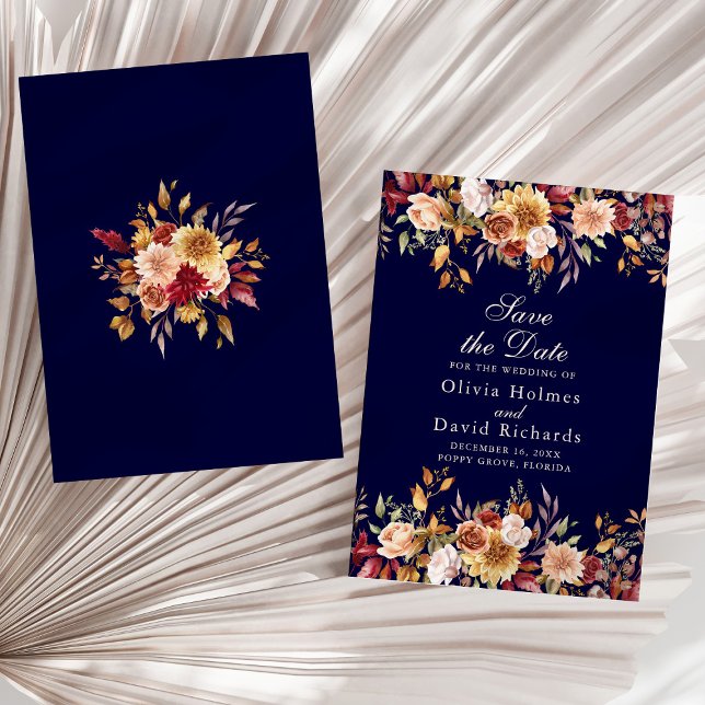 Modern Navy Blue Burnt Orange Wildflowers Wedding Save The Date (Modern Navy Blue Burnt Orange Wildflowers Wedding Save The Date on a sunny neutral dry palm leaf.)