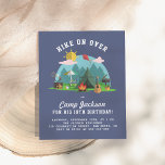 Modern Navy Blue Camping Birthday Party Invitation Postcard<br><div class="desc">A cute camping scene with pine trees, a tent, a barbecue, a picnic basket, a guitar, a log fire, a volleyball, a sunlounger and beach umbrella, a suitcase, a radio and a kite. See if you can find all of the elements! The background is navy blue. "HIKE ON OVER" is...</div>