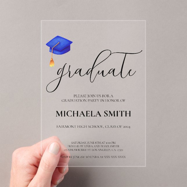 Modern Navy Blue Cap High School Graduation Party Acrylic Invitations (Insitu (Handheld))