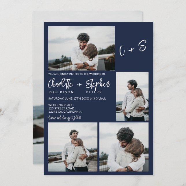 Modern navy blue casual initials 5 photos wedding invitation (Front/Back)