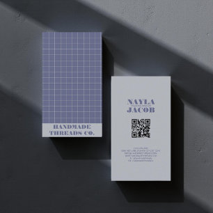 Modern Navy Blue Chequered Pattern QR Code Business Card