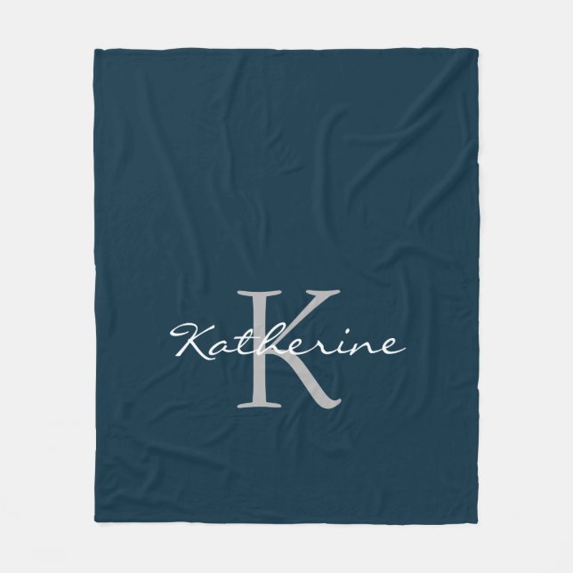 Modern Navy Blue Chic Script Monogram Name Fleece Blanket (Front)