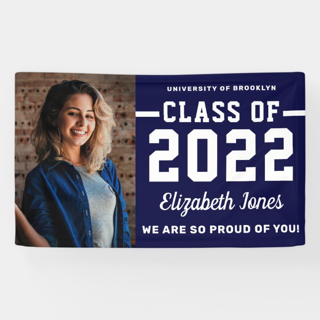 Modern Navy Blue Class of 2022 Photo Graduation Ba Banner (Horizontal)