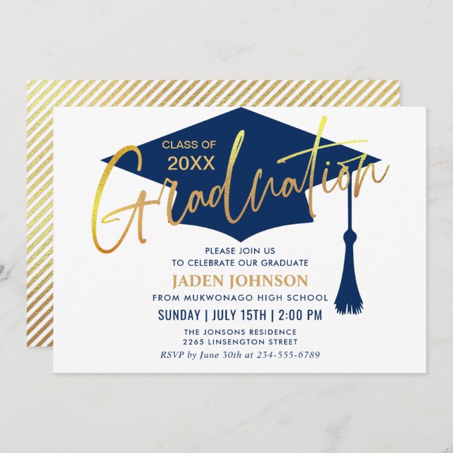 Modern Navy Blue Class of 2024 Graduation Party Invitation (Front/Back)