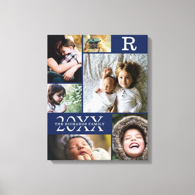 Modern Navy Blue Colour Block Family Photo Collage Canvas Print (Front)