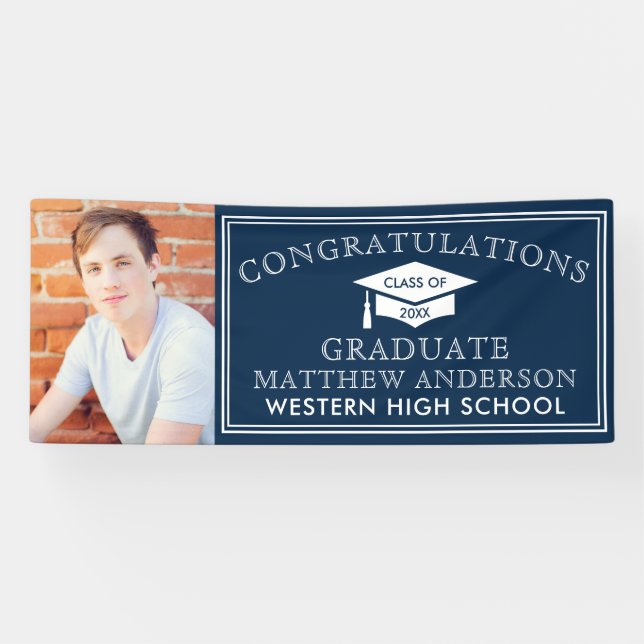 Modern Navy Blue Congrats Graduation Photo Banner (Horizontal)