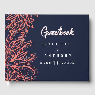 Modern navy blue coral summer floral Wedding Guest Book