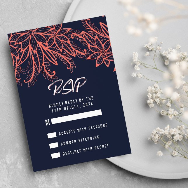 Modern navy blue coral summer floral Wedding RSVP (Modern navy blue coral summer floral Wedding RSVP )