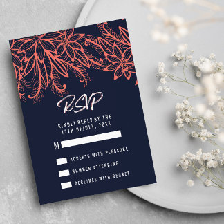 Modern navy blue coral summer floral Wedding RSVP Card