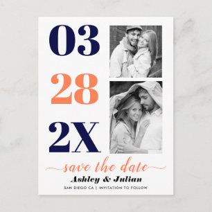 Modern navy blue, coral two photo Save the Date Postcard