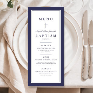Modern Navy Blue Cross Boy Baptism Menu