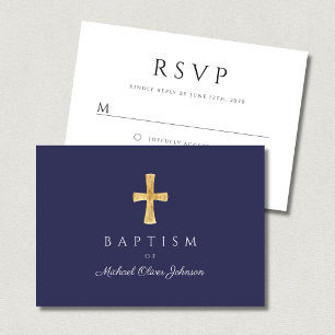 Modern Navy Blue Cross Boy Baptism RSVP Card