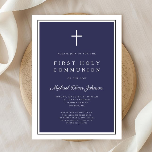 Modern Navy Blue Cross Boy First Communion Invitation (Modern Navy Blue Cross Boy First Communion Invitation)