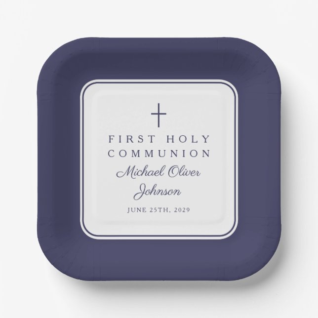 Modern Navy Blue Cross Boy First Communion Paper Plate (Front)