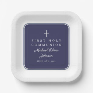 Modern Navy Blue Cross Boy First Communion Paper Plate