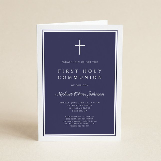 Modern Navy Blue Cross Boy First Holy Communion Invitation (Creator Uploaded)