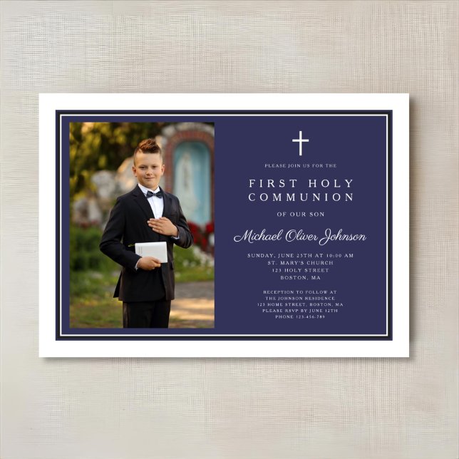Modern Navy Blue Cross Boy Photo First Communion Invitation (Modern Navy Blue Cross Boy Photo First Communion Invitation)