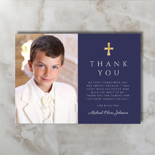 Modern Navy Blue Cross Boy  Photo First Communion Thank You Card