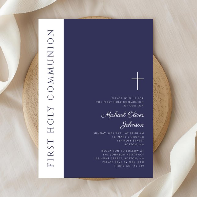 Modern Navy Blue Cross First Holy Communion Invitation (Modern Navy Blue Cross First Holy Communion Invitation)