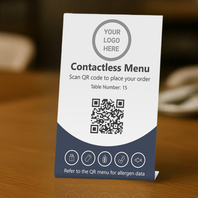 Modern Navy Blue Custom Logo Contactless Menu OCR Pedestal Sign (Creator Uploaded)