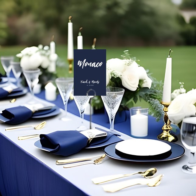 Modern Navy Blue Custom Wedding Table Name Table Number (Creator Uploaded)