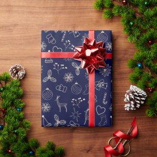 Modern Navy Blue Cute Christmas Pattern Wrapping Paper