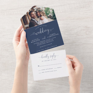 Modern Navy Blue Elegant Chic Script Photo Wedding All In One Invitation