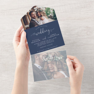 Modern Navy Blue Elegant Script 2 Photo Wedding All In One Invitation