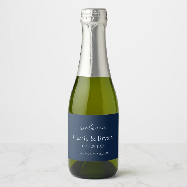 Modern Navy Blue Elegant Wedding Welcome Gift Sparkling Wine Label (Front)