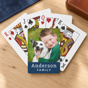 Modern Navy Blue Family Name Photo Playing Cards