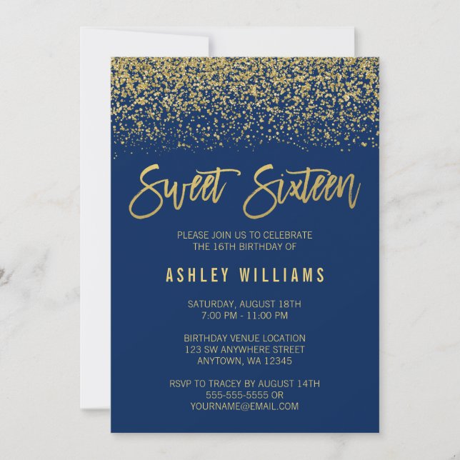 Modern Navy Blue Faux Gold Glitter Sweet 16 Invitation (Front)