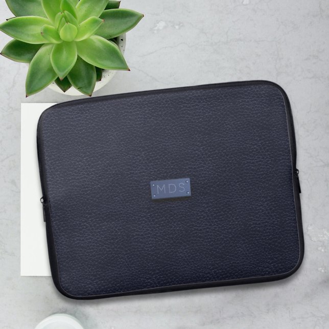 Modern Navy Blue Faux Metal Monogram Laptop Sleeve (Creator Uploaded)