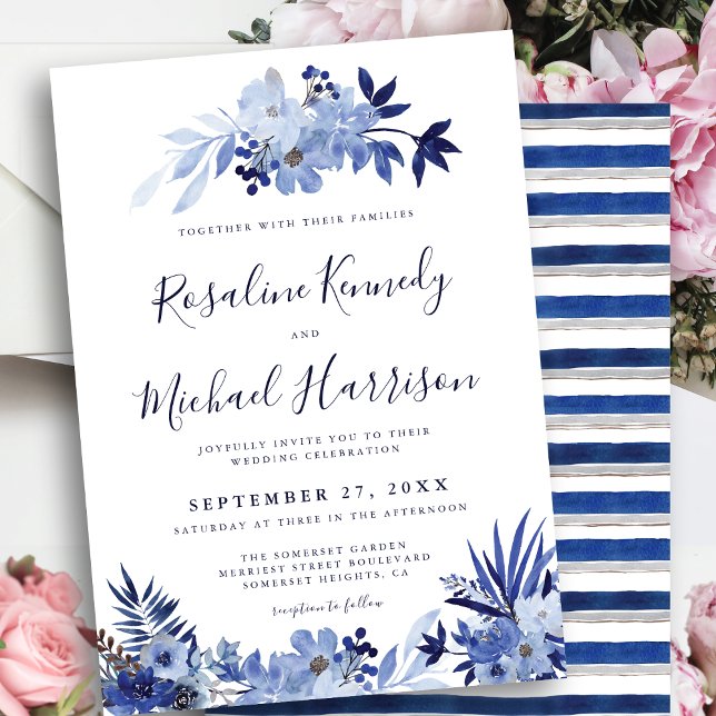 Modern Navy Blue Floral Gold Frame Wedding  Invitation (Creator Uploaded)