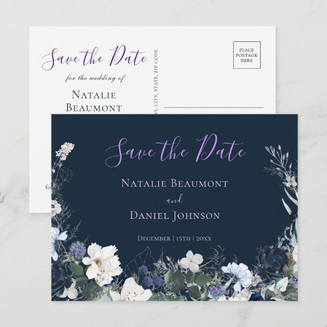 Modern Navy Blue Floral Save the Date Announcement Postcard (Front/Back)
