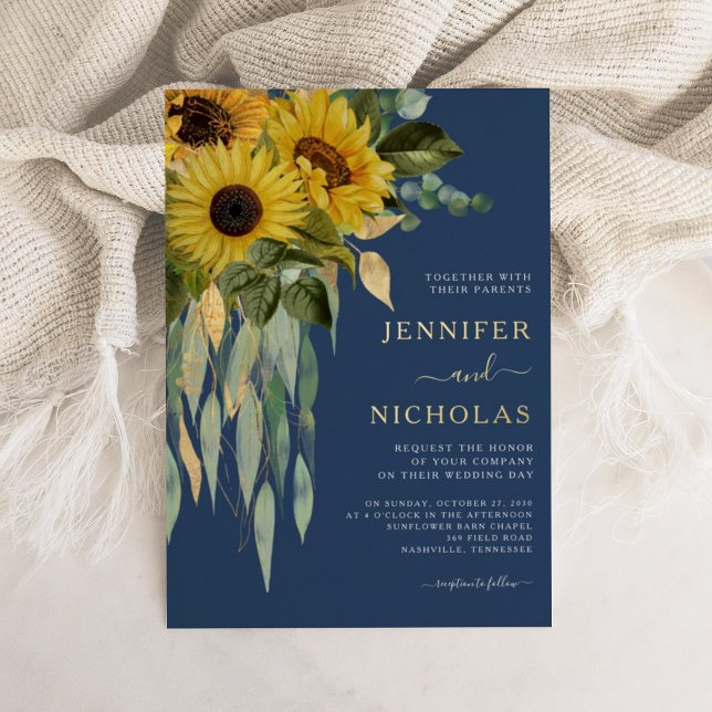 Modern Navy Blue Floral Sunflower Wedding Gold (Modern Navy Blue Floral Sunflower Wedding Gold Foil Invitation)