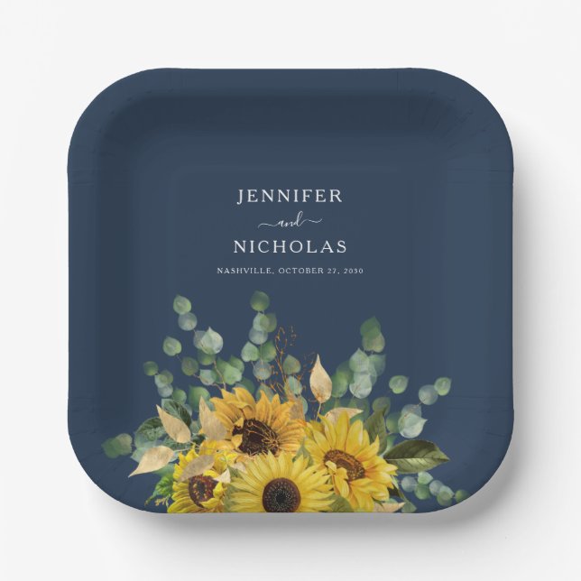 Modern Navy Blue Floral Sunflower Wedding Paper Plate (Front)